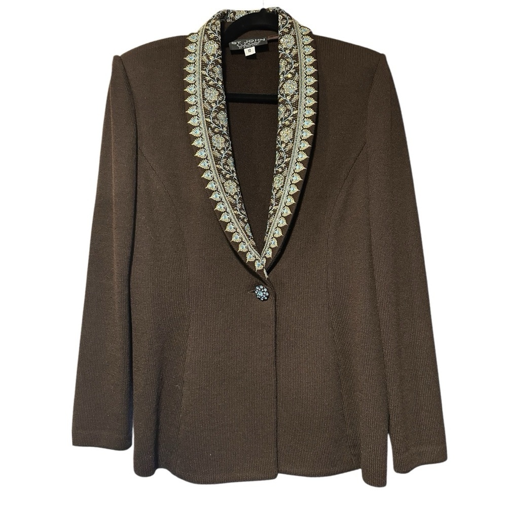 St. John Evening Brown Santana Knit Jacket Embellished Collar Size 10